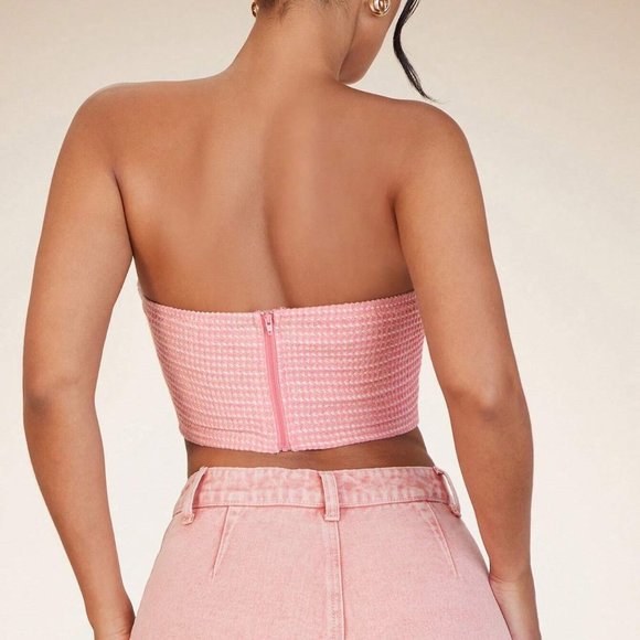 Pink Preppy Womens Plaid Print Button Front Tube Top - Picture 3 of 5